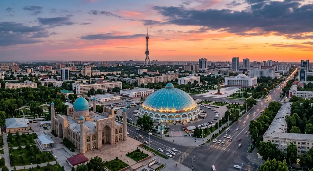 Panorama Taszkentu, stolicy Uzbekistanu, o zachodzie słońca